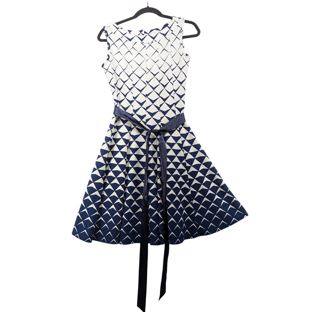 Haani Petite Navy White Geometric Fit & Flare Dress Sleeveless Satin Tie PS